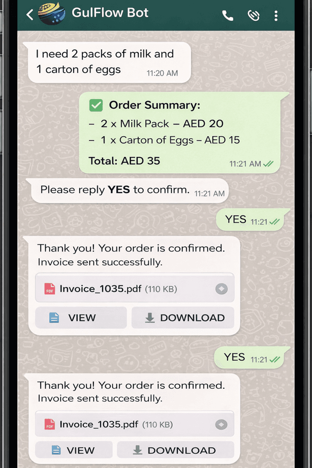 WhatsApp chat with GulFlow Bot confirming a grocery order and providing a downloadable PDF invoice.